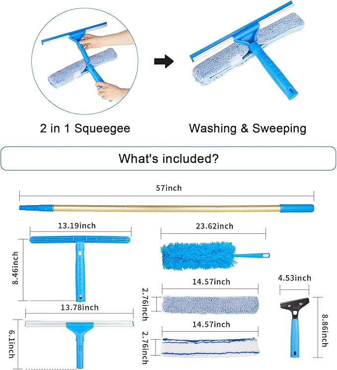 2 in 1 Window Squeegee Cleaning Kit with Aluminum Alloy Extension Poles, Scrubber, Glass Scrapper, Bendable Duster,2 Scrubber Cloth for Window, Car