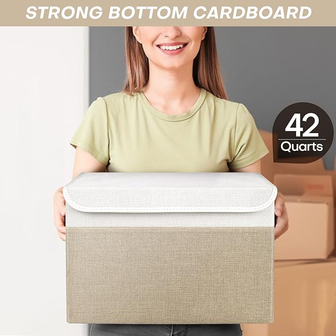 Bagnizer Large 17" 42 Quarts Collapsible Stackable Storage Bins with Lids [3-Pack] Foldable Fabric Linen Storage Boxes Cube, Closet Organizer Baskets with Label (16.7 x 12 x 12, Beige & White)