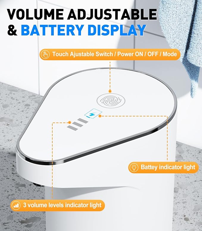 Automatic Soap Dispenser Touchless, 3-Level Adjustable 1200mAh, 13oz/350ml Wall or Countertop Mounted, Modern Electric Hand Soap Dispenser for Kitchen, Bathroom, Kids & Family - White
