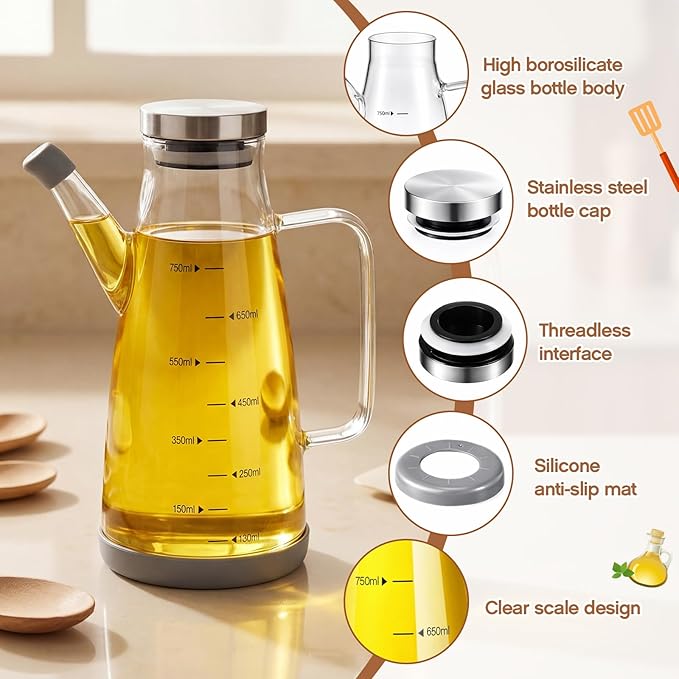 Zhehao 2 Pcs Glass Oil Bottle 25oz/750ml Cooking Oil Dispenser with Stainless Steel lid Drip Free Spout Non Slip Bottom for Kitchen Cooking Barbecue Party