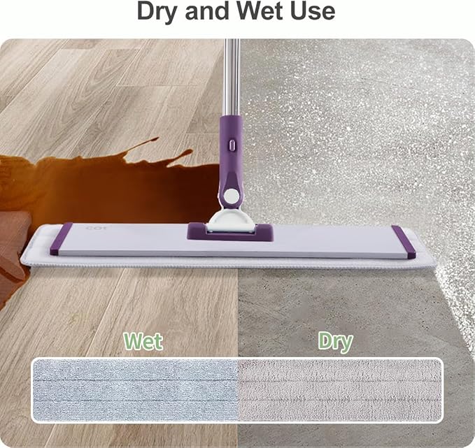 CQT Commercial Flat Microfiber Floor Mop Cleaning System 18" Inch Wet Dry and Dust Hardwood with 4 Washable Pads Cleaner for Laminate Tile Stainless Steel Handle and Extension (PT13-WET)
