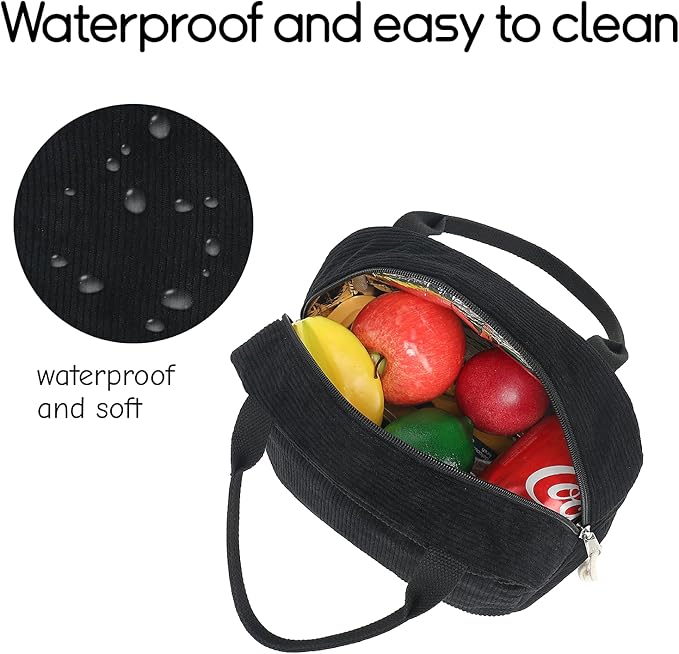 Bluboon Corduroy Lunch Bag - Large, Reusable Insulated Tote for Work/Picnic