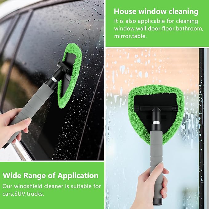 8 Pcs Car Window Cleaner Kit Triangle Shape Include Windshield Cleaning Tool with Extendable Handle 5 Microfiber Bonnets 1 Car Ventilation Brush 1 Empty 50ml Spray Bottle Glass Wiper Kits, Green