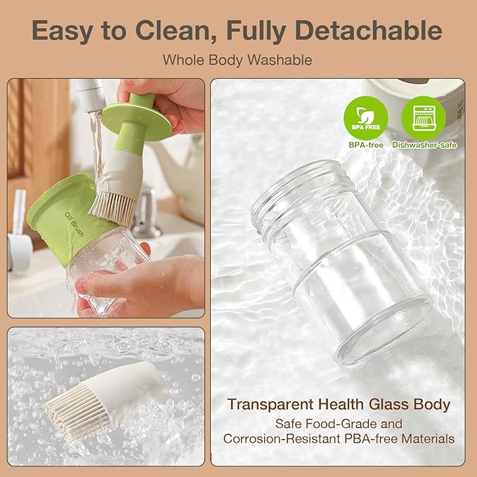 YARRAMATE 2pcs 300ml / 10oz Oil Dispenser with Brush - Glass Oil Dispenser for Kitchen with Silicone Heat Resistant Brush for Oil and Sauce Cooking BBQ Grill Frying - White&Green