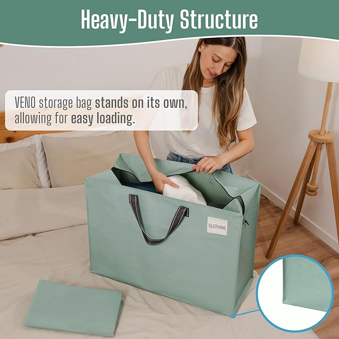 VENO 4 Pack Heavy Duty Moving Bags, Storage Bags, Packing Supplies, Top Zipper, Storage Totes for Camping, Clothes, Bedding, Comforters, Pillows (27 Gallon Light Green, 4 Pack)