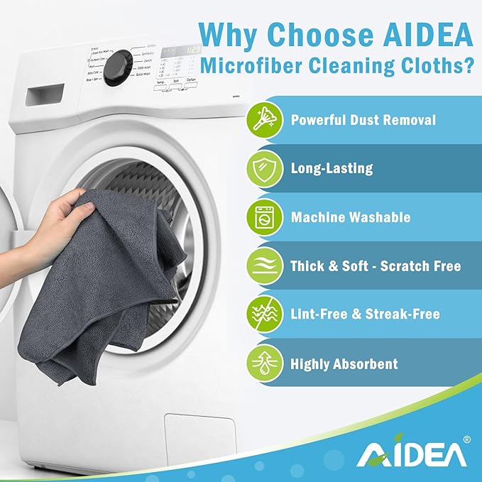 AIDEA Microfiber Cleaning Cloth-12PK, Soft Microfiber Towels for Cars, Absorbent Cleaning Rags, Lint-Free Streak-Free Wash Cloths for House, Kitchen, Window(12in.x12in), Grey