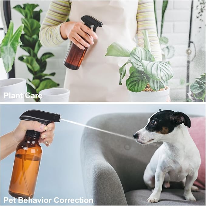 Plastic Spray Bottles, 2-Pack, 16.9 Oz, Mist & Stream, Heavy Duty Spraying, Empty Water Spray Bottle for Cleaning Solutions, Essential Oils, Hair, Plants, BBQ, Cat Dog Behavior Correction (Amber)