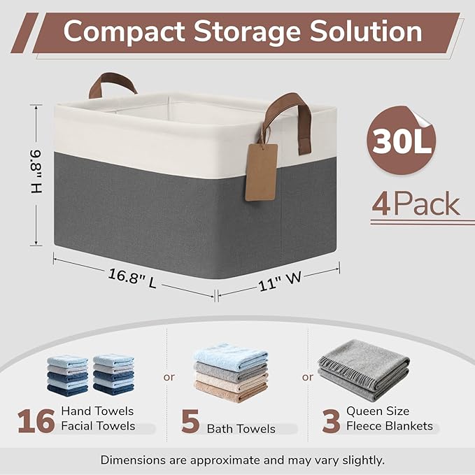 4 Pack Large Storage Baskets for Shelves, Gray & White