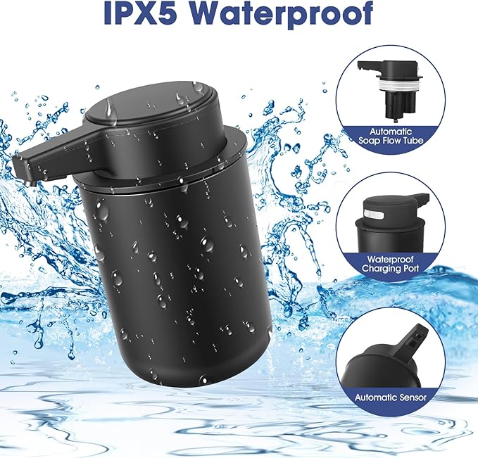 2 Pack Automatic Liquid Soap Dispenser, 10.5oz Touchless Electric Hand Soap Dispenser, Rechargeable Liquid Pump for Bathroom or Kitchen Sink, Waterproof Design (Black)