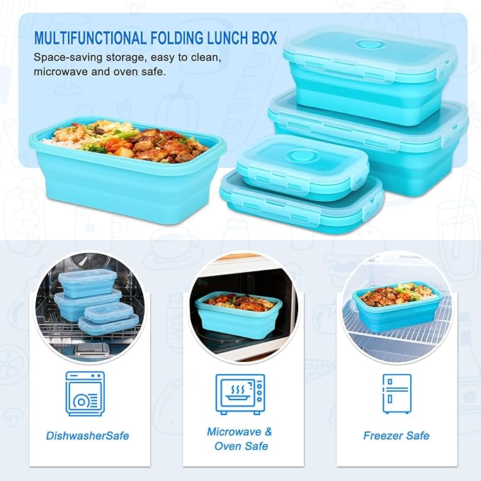 Collapsible Silicone Food Storage Containers 4 Set Airtight Leak Proof Food Containers with Lids Meal Prep for Microwave Freezer Dishwasher for Kitchen Camping Office Sky Blue