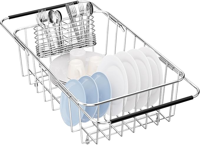Small Dish Drainer Rack in Sink Adjustable, Expandable 304 Stainless Steel Metal Dish Drying Rack Organizer with Stainless Steel Utensil Holder Over Inside Sink Counter, Rustproof(For 1-2 People)