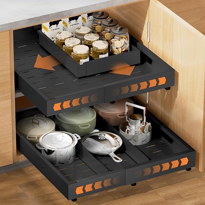 Pull out Cabinet Organizer Expandable W(12"-20") and D(16"-22"), No Drill Adjustable Slide Out Drawers With 3 Slide Rails, 2Pcs Magnetic Panel