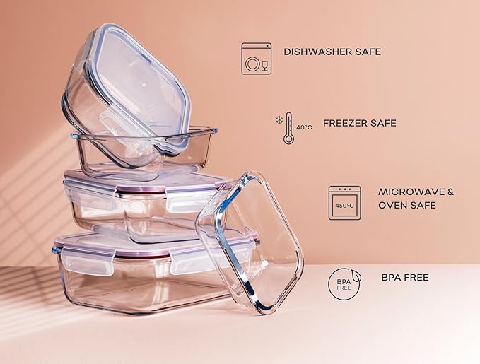 Large Glass Food Storage Containers with Lids | 3 Pack Set 52oz/6.4 cup
