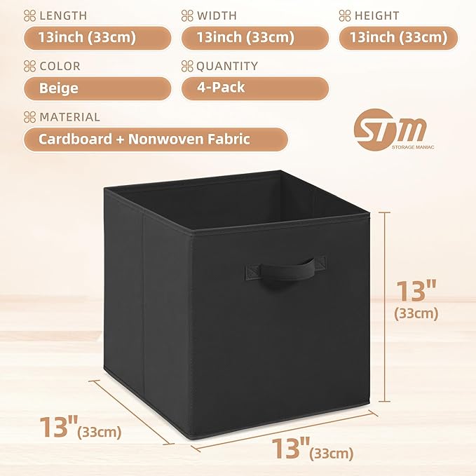 STORAGE MANIAC Storage Cubes, 13 Inch Collapsible Storage Bins with Handles, 4 Pack Fabric Foldable Bins for Organization