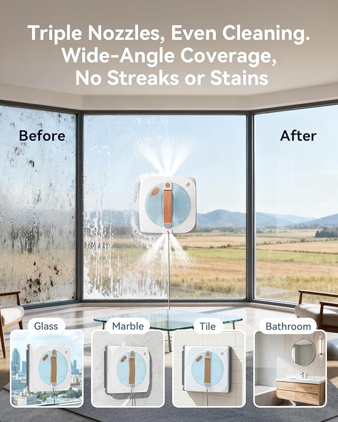 Window Cleaning Robot 8000Pa,3 Nozzles with High-Pressure Spray,Intelligent Path Planning,Edge Detection System,15-Stage Anti-Fall,App&Remote Control,4 Cleaning Modes for Tile,Windows,Glass