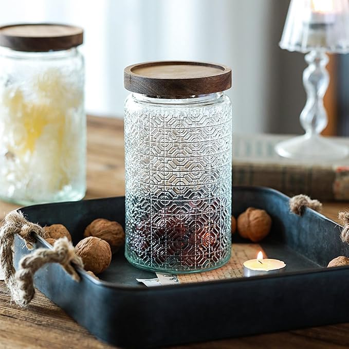 Vintage Glass Jars with Wooden Lids, 34 oz Airtight Glass Food Storage Containers Sets for the Kitchen, Sugar Candy Coffee Cookie Tea Spice Pasta
