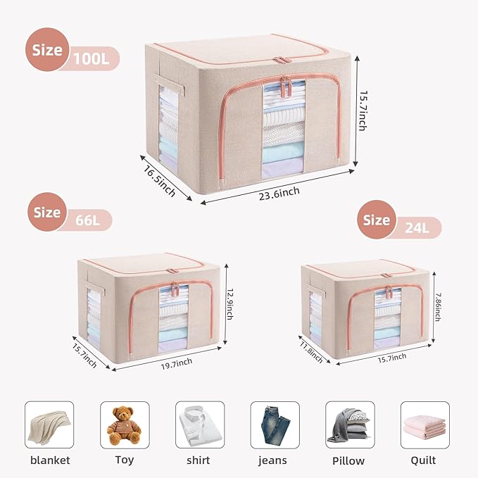 GuliPostan 3 Pack 66L Stackable Clothes Storage Bins with Metal Frame Handles & Zipper, Collapsible Closet Organizer Box with Lid for Bedding Blankets Towel (Beige)