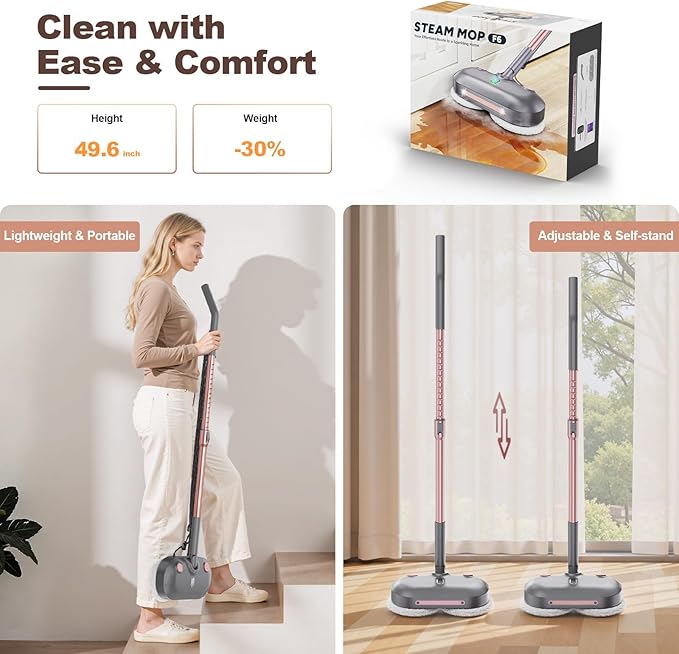 Scrubbing Steam Mop with Rotating Pads, Spin Steam Cleaner for Floor Cleaning,Large Tank,23FT Cord, LED Headlights,Reusable Pads & Self-Standing,Safe for Hard Floor/Laminate/Marble