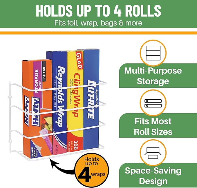 Kitchen Wrap Organizer, 2 Pack, Hold up to 4 Plastic, Foil, Plastic Coated Metal