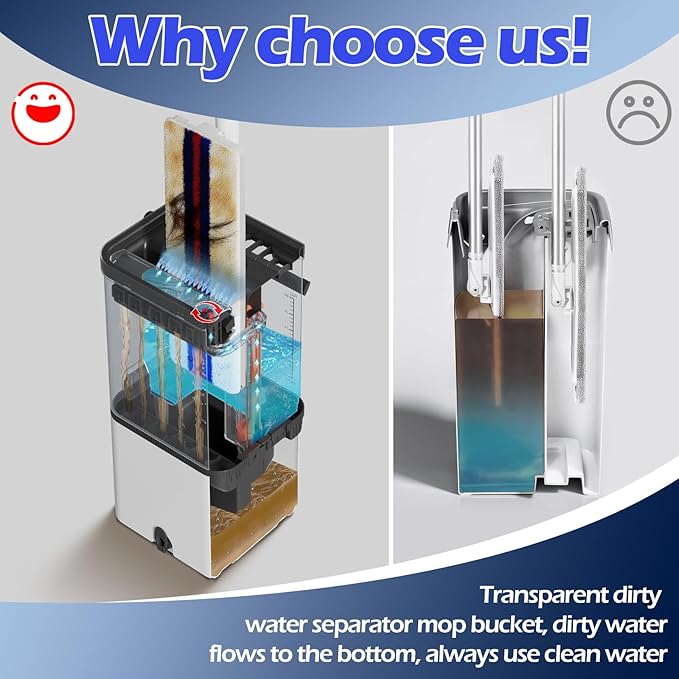 Mop and Bucket Set | Quick Cleaning Tool | Separate Dirty and Clean Water | 2 Machine Washable Microfiber Mop Pad | Mops for Floor Cleaning Safe on Wood Floors, Vinyl, Tile