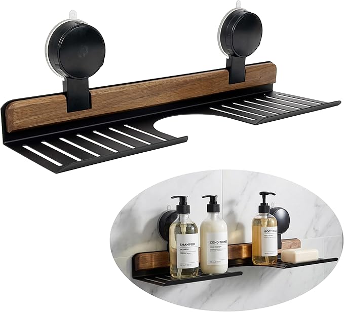 Over Sink Shelf with Walnut, 15.7" Tool-Free Organizer, Strong Suction Cup Rack with Easy Drainage for Kitchen & Bathroom