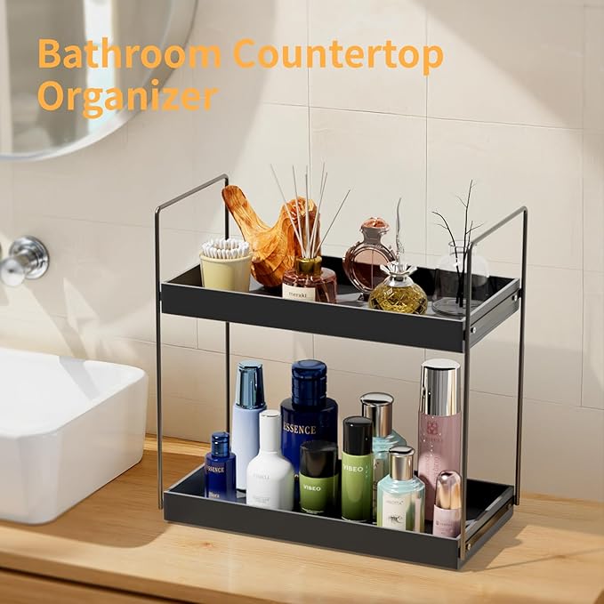 NPPLUS Bathroom Countertop Organizer, 2 Tier Metal Vanity Counter Skincare Shelf, Matte Black, 13.6"L x 6.9"W x 13.8"H