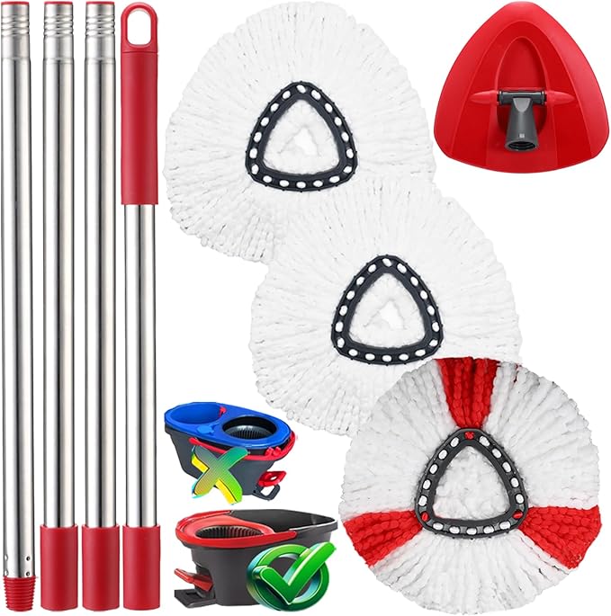 Spin Mop Head Replacement for Ocedar, 3 Microfiber Mop Head, 1 Base, 1 Mop Handle (30-58in) Combo Mops Set Compatible with O-Cedar EasyWring Microfiber Spin Mop (1 Tank System)