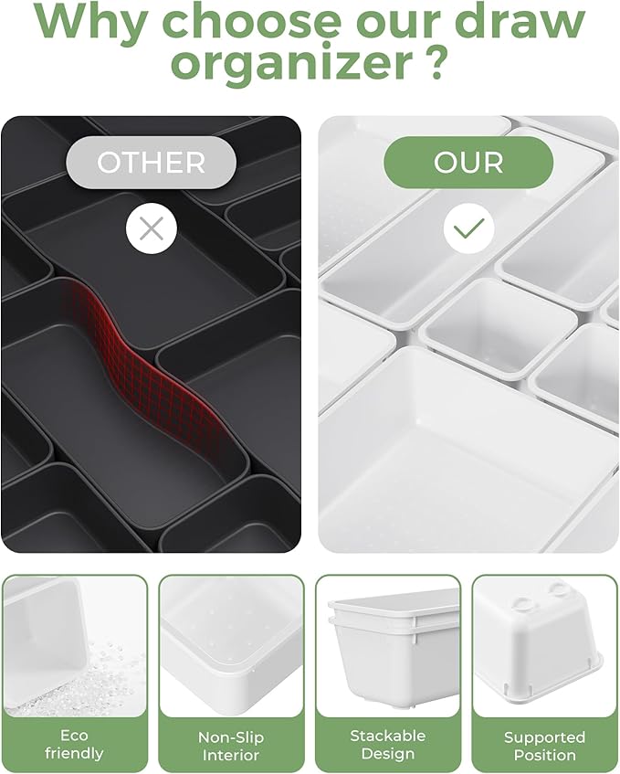 25 PCS Plastic Drawer Organizers Set, 4-Sizes Vanity and Makeup Organizer, White