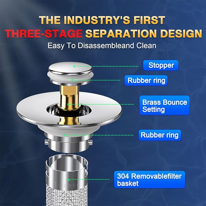 Bathroom Sink Drain Strainer, Pop Up Sink Drain Filter with Removable Stainless Steel Filter Basket Hair Catcher, Bathroom Sink Drain Stopper