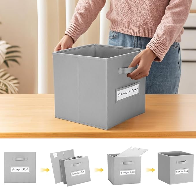 artsdi 13x13 storage cube bins (Set of 10) Foldable Fabric storage cubes with 10 Labels Window Cards & a Pen,13 inch cube storage bins,Closet Organizers for Shelves,Cubby Organizer Boxes,Light Gray