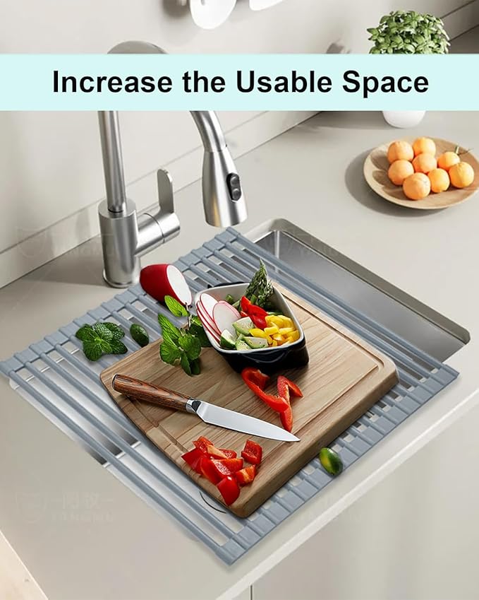 Roll Up Dish Drying Rack Over Sink, 20.47" x 12.99" Foldable Silicone Wrapped Stainless Steel Over The Sink Dish Drying Rack, Grey