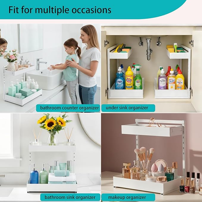 Under Sink Organizer, Bathroom Counter Organizer, 2 Packs 2-Tier Metal