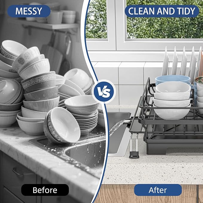 Expandable Dish Drying Rack, Rust-Proof Metal Dish Racks for Kitchen Counter with 360° Swivel Drain Spout, Space-Saving Dish Drainer with Utensil Holder for Small Apartment & Home Organization, Black