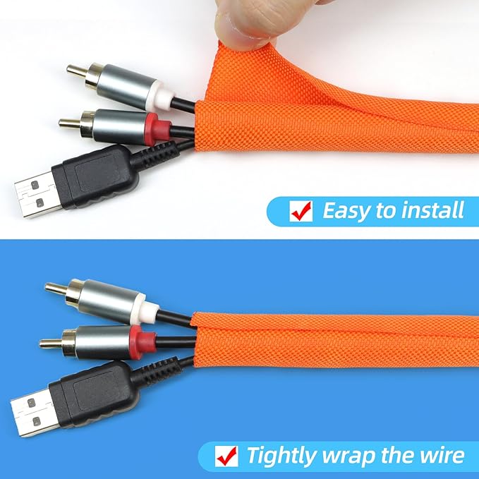 Automotive Wire Loom Tubing, Split Braided Cord Protectors from Pets No Chew, Flexible Cable Sleeve Cable Management for TV/Computer/Electric Wires (Orange, 1"-10ft)