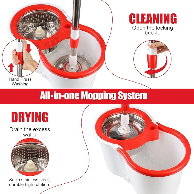 Spin Mop and Bucket with Wringer Set, 360° Spinning Mop Bucket System with 6 Microfiber Mop Replacement Heads and 61" Stainless Steel Adjustable Handle for Floor Cleaning (20QT)