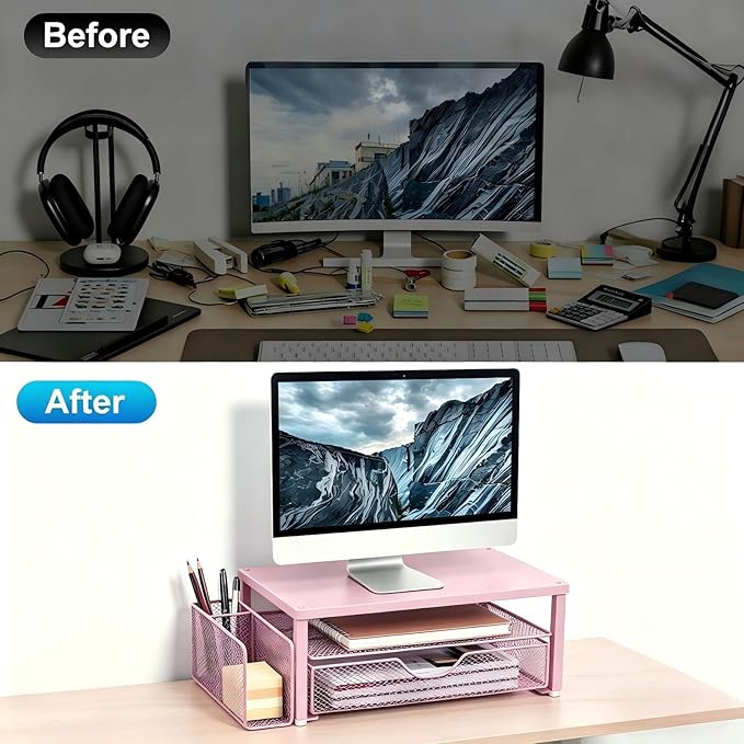 Spacrea Desk Organizer and Accessories, Computer Monitor Stand Riser with Drawer and 1 Open Pen Holder, Printer & Laptop Stand