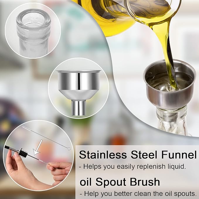 Gusnilo Olive Oil Dispenser 8 Oz, Oil Vinegar Cruet, Square Tall Glass Bottle W/Stainless Steel Pourer Spout & Stainless Steel Funnel SET OF 250 ML