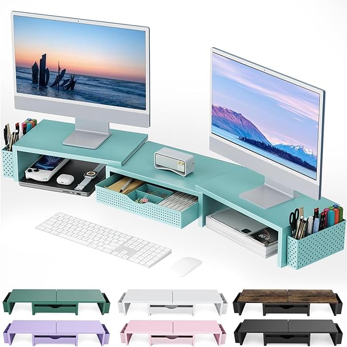 Dual Monitor Stand Riser, Desk Organizer With Drawer and 2 Pen Holders, Blue
