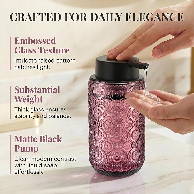 Pink Glass Liquid Hand Soap Dispenser with Matte Black Pump Thick Embossed Bottle Refillable for Bathroom and Kitchen Decor 13.5 oz