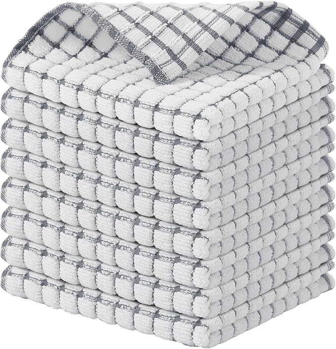 Kitinjoy Cotton 8 Pack Terry Kitchen Dish Cloths, 12 x 12 Inches Super Soft and Absorbent Dish Rags, Quick Drying Dish Towels for Washing Dishes, Grey