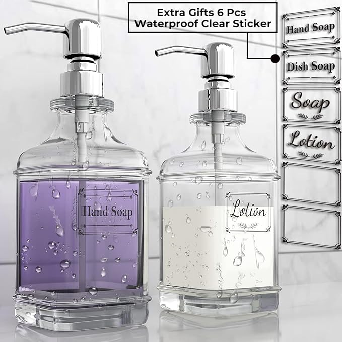 GLADPURE Soap Dispenser - 2 Pack, 18 Oz Antique Design Thick Glass Hand Soap Dispensers; with 304 Rust Proof Stainless Steel Pump, 6Pcs Clear Stickers, for Kitchen, Bathroom - Silver