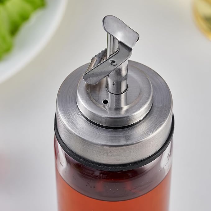 Verdental 15 oz Glass Olive Oil Dispenser Bottle with Stainless Steel Pourer Spout for Cooking Oil, Syrups, Vinegar, Sauces, Wines with Non-slip Silicone Ring and Labels (450 ML)