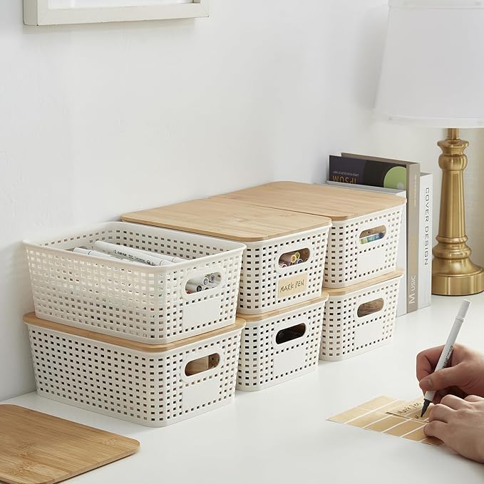 Bagnizer Small Plastic Storage Bins with Bamboo Lids 5.2qt Stackable Box Basket Pantry Decorative Containers Cute with Labels for Organizing Desktop