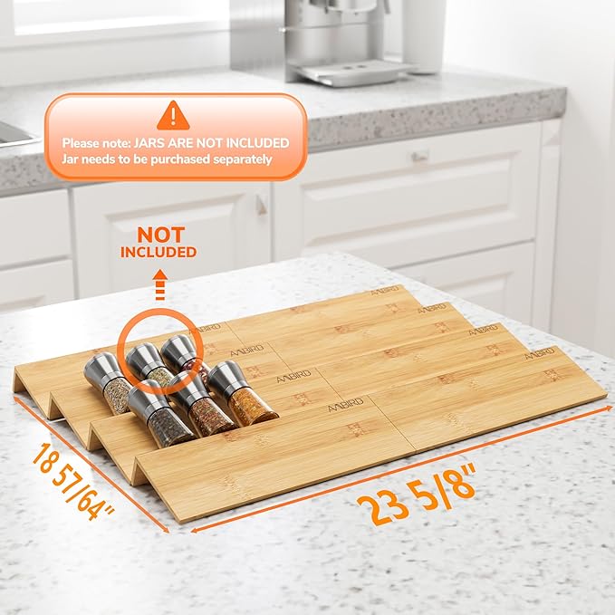 AMBIRD Bamboo Spice Drawer Organizer with Non-slip Mat,4 Tier - 2 Set Jar Spice Rack Tray From 12''to 24''