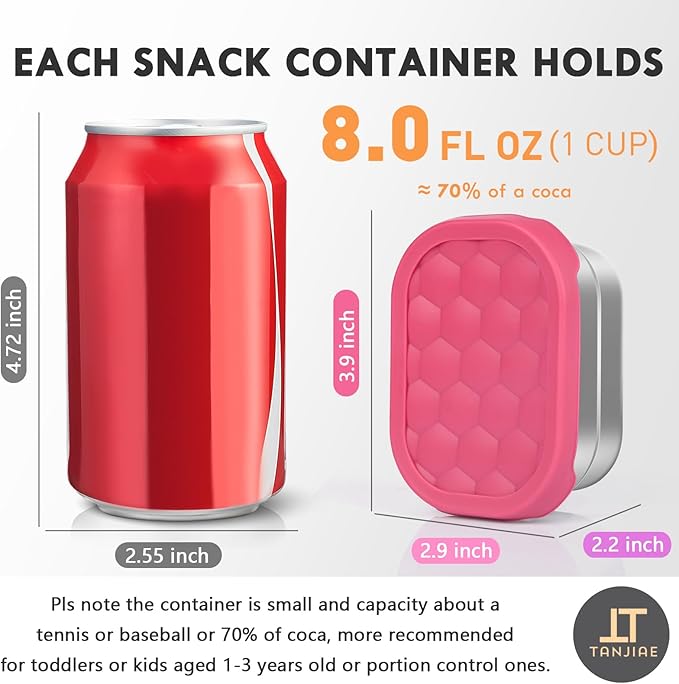 Tanjiae Small (1 CUP) Stainless Steel Snack Containers for Kids | Easy Open Leak Proof Food Containers with Silicone Lids