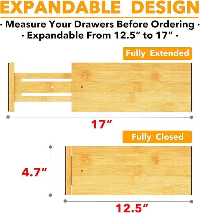 SpaceAid Bamboo 4 Pack Dresser Drawer Dividers, 4.65“ High Adjustable 12.5“-17” Drawer Organizers, Expandable Organization for Clothing, Clothes