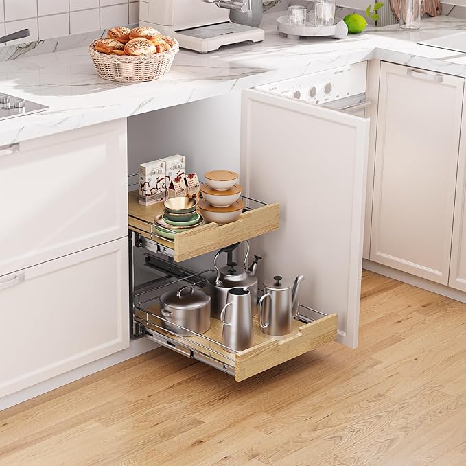 Sikarou Pull Out Cabinet Organizer, Heavy-Duty Slide Out Shelf, 2 Tie 14 * 21 in