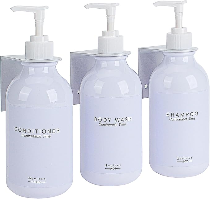 Shampoo and Conditioner Dispenser for Shower Wall 3 Chamber,Refillable Shampoo and Conditioner Bottles with Waterproof Labels,Soap Dispenser with Pumps