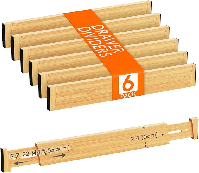 2.4" High 6 Pack Bamboo Drawer Dividers 45-55cm/17.5-22" Adjustable Wooden