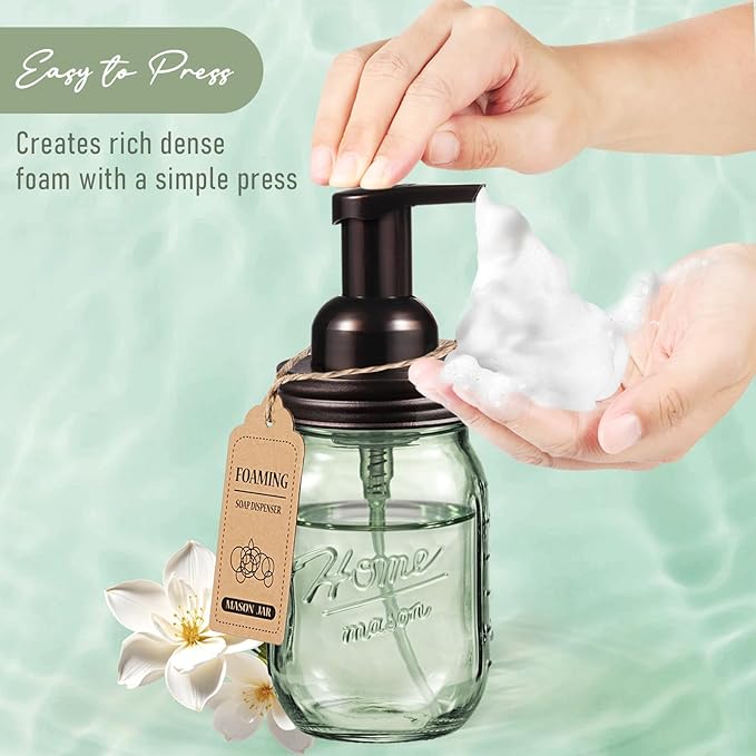SheeChung 16 Oz Mason Jar Foaming Soap Dispenser, Stainless Steel Lid, BPA Free Pump, Green Glass Foam Hand Soap Dispenser, Refillable Liquid Foam Dispenser Bottle Bathroom Kitchen, Dish Soap-Bronze